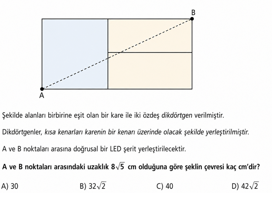 Mustafa Hoca Özgün LGS Soru 1 - Kare ve İki Özdeş Dikdörtgen LED Şerit