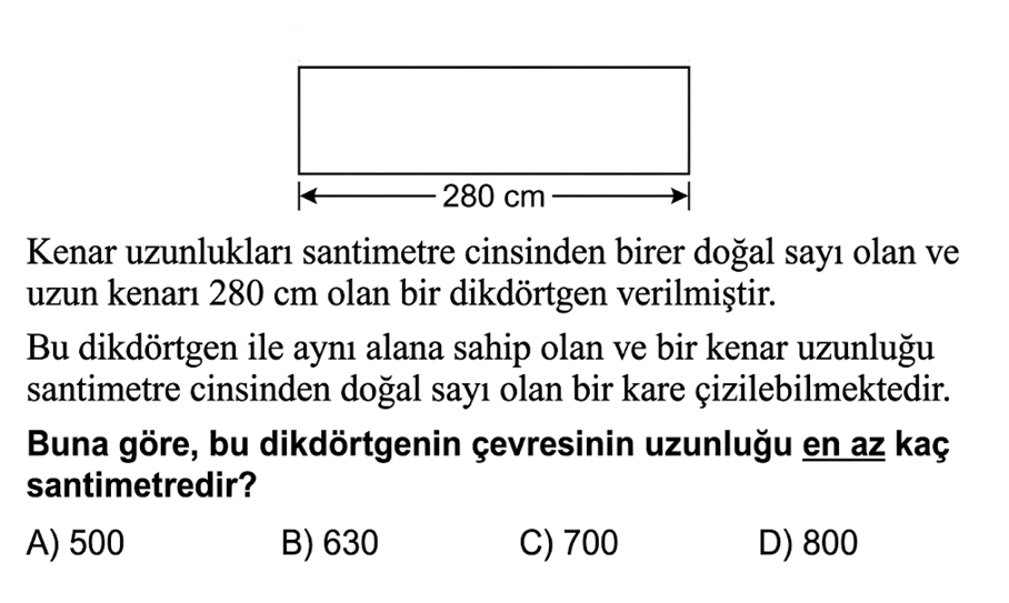 Mustafa Hoca Özgün LGS Soru 5 - 280 cm Dikdörtgenden Kare Alanı ve En Az Çevre